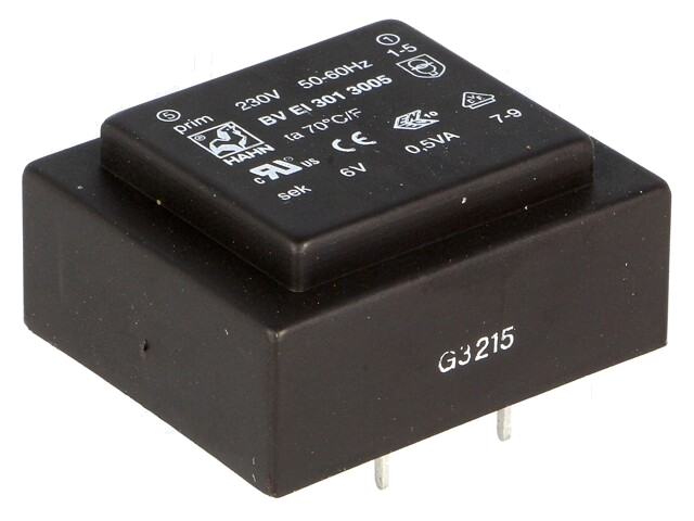 Transformator: ingegoten; 0,5VA; 230VAC; 6V; 83mA; PCB; BVEI Transformator: ingegoten; 0,5VA; 230VAC; 6V; 83mA; PCB; BVEI